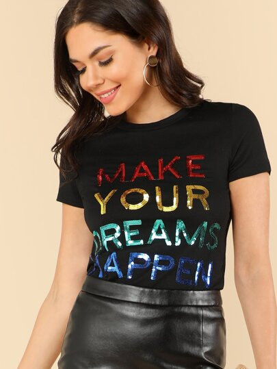 SHEIN Sequin Slogan Short Sleeve T-shirt | SHEIN