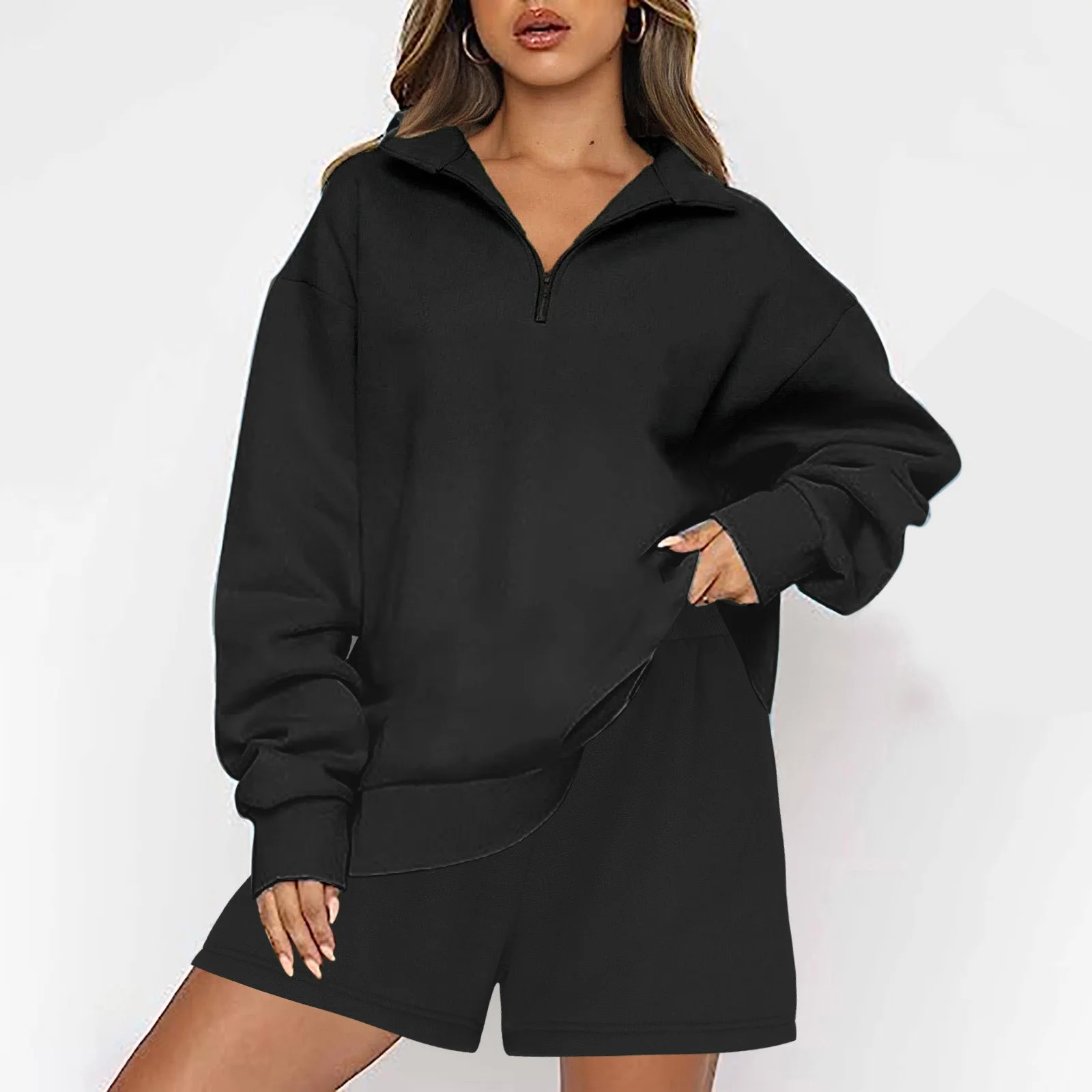 Wyongtao Women 2 Piece Outfits Sweatsuit Half Zip Collared Sweatshirt & Short Tracksuit Lounge Se... | Walmart (US)