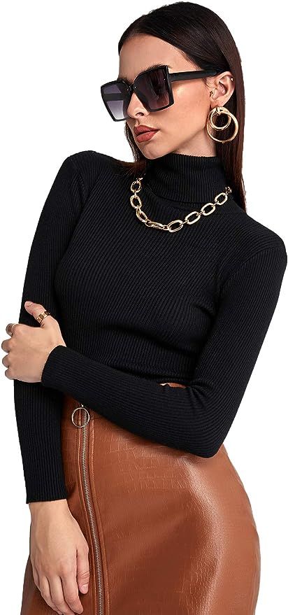 SweatyRocks Women's Long Sleeve Turtleneck Ribbed Knit Pullover Sweater Top | Amazon (US)