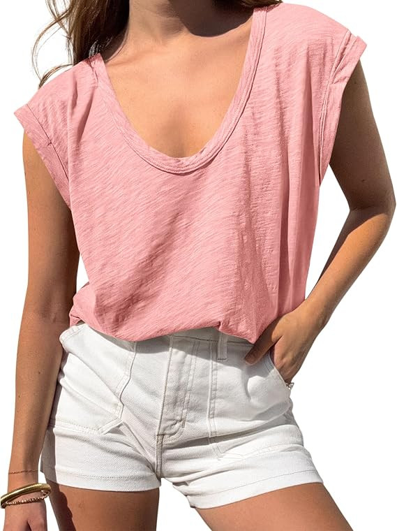 BTFBM Casual Summer Oversized Womens T Shirts Going Out Tops Trendy | Basic Tees,Cap Sleeves,V Ne... | Amazon (US)
