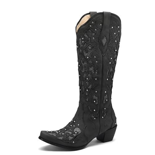 SaraIris Cowboy Boots for Women Cowgirl Western Boots Chunky Heel Pointed Toe Pull On Rhinestones Embroidered Knee High Mid Calf Boots | Amazon (US)