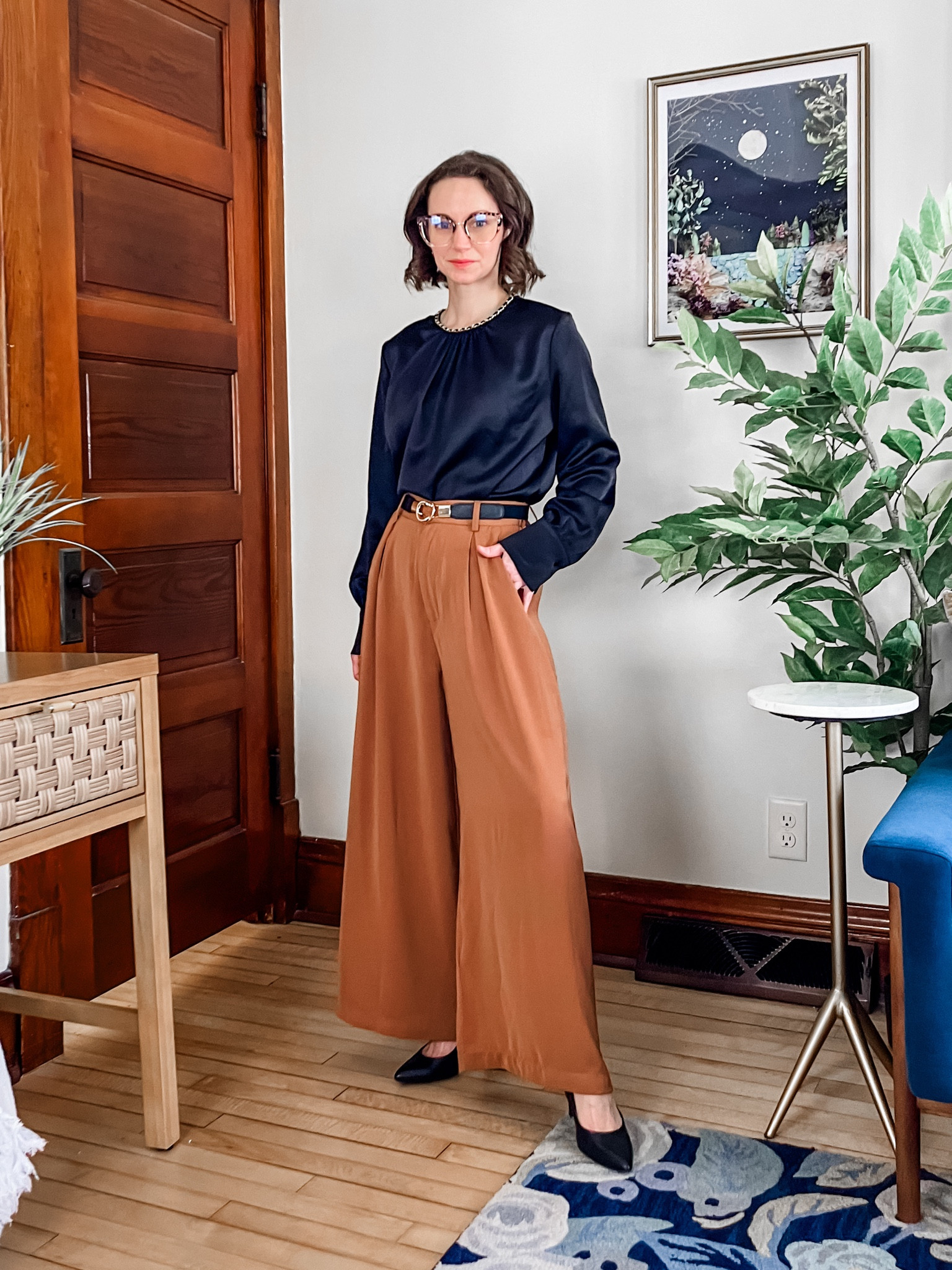 Camel and black office outfit!
Wearing size s satin Chicwish top, order your usual size. 
Size XS short Amazon wide leg pants, order your usual size. 
Size 6 Nine West heels, leather, order your usual size. 
Petite outfit. Work outfit. Classic outfit. Neutral outfit  

#LTKworkwear #LTKSeasonal #LTKover40