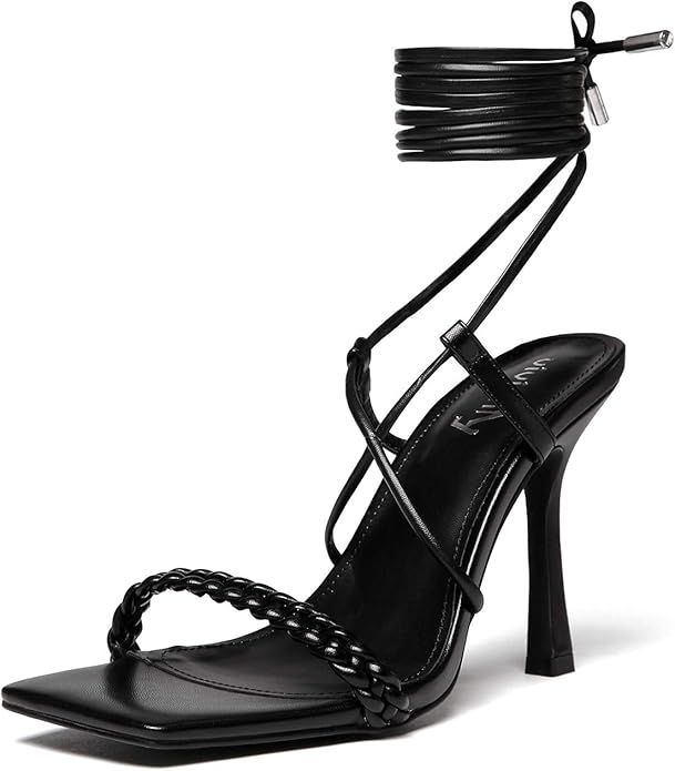 vivianly Women's Lace Up Stiletto Heel Open Toe Weave Sandals Strappy Straps Heels | Amazon (US)