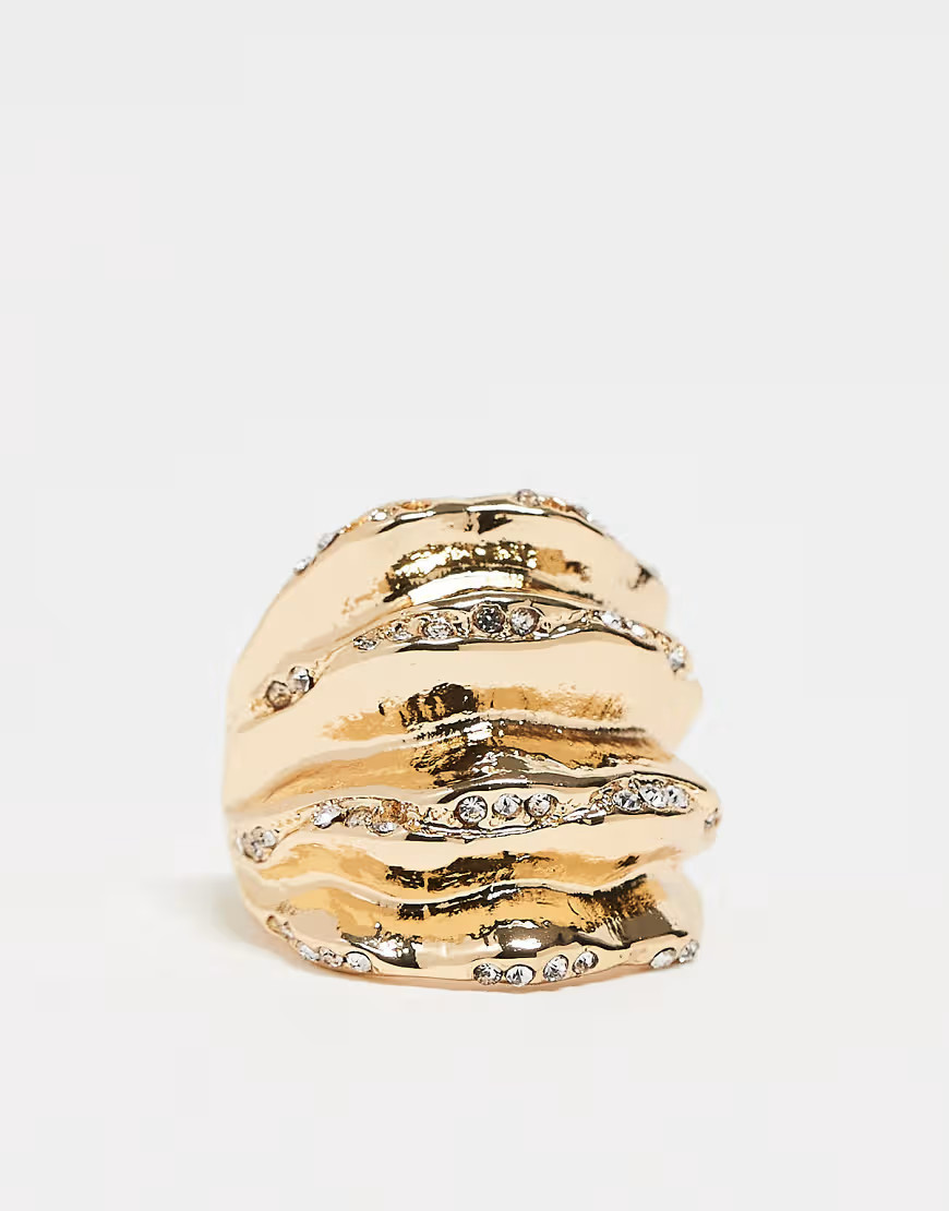 ASOS DESIGN textured chunky ring with crystal details in gold tone | ASOS (Global)