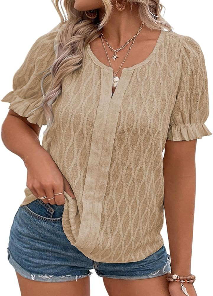 Eytino Women Plus Size Summer Tops Cute Puff Sleeve V Neck Casual Loose Blouse T Shirts(1X-5X) | Amazon (US)