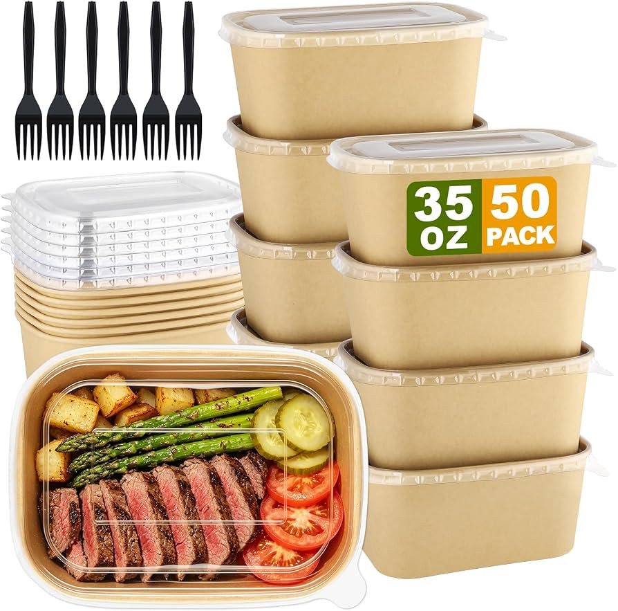 50 Pack 35 OZ Disposable Paper Food Containers with Lids and Forks | Amazon (US)