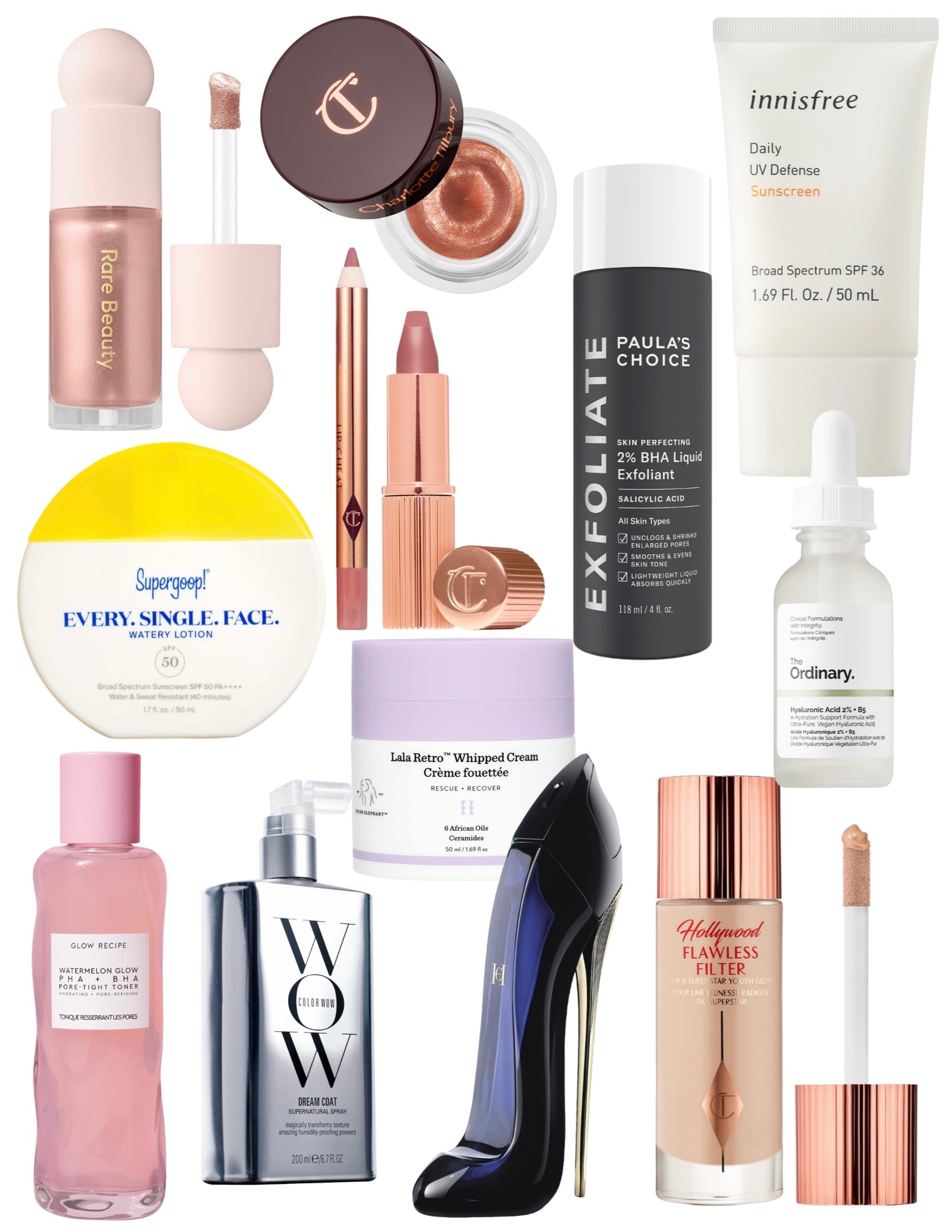 Sephora Sale!!! These are my favorite go-to makeup and skincare products from Sephora! Rare beauty highlighter, charlotte tilbury eyeshadow, Paula’s choice liquid exfoliant, supergoop sunscreen, innisfree sunscreen, the ordinary hyaluronic acid, drunk elephant ceramide moisturizer, glow recipe toner, color wow hair anti frizz spray, carolina Herrera good girl way de perfume, and charlotee tilbury flawless filter! 

#LTKbeauty #LTKCyberweek #LTKsalealert