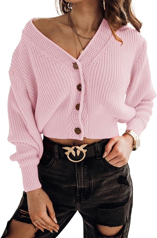 Febriajuce Women's Long Sleeve V-Neck Button Down Rib Knit Cropped Cardigan Sweater | Amazon (US)