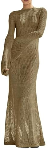 Saodimallsu Womens Crochet Cover Ups Long Sleeve Sexy Mesh Backless Knit Swimsuit Coverup Beach M... | Amazon (US)