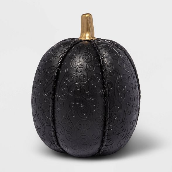 Large Black Leather Skull Embossed Fabric Halloween Decorative Pumpkin - Hyde & EEK! Boutique™ | Target