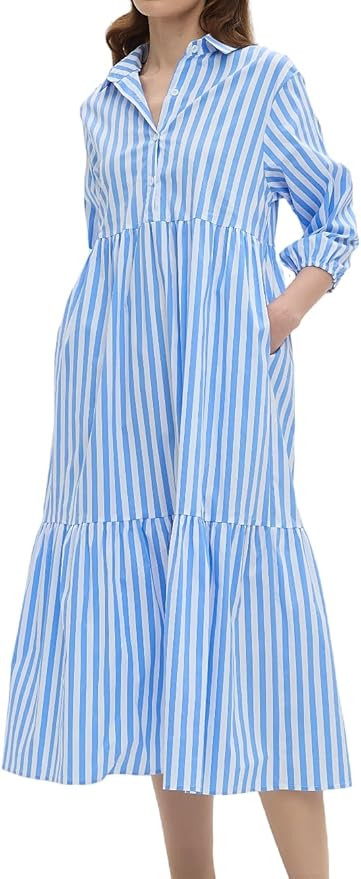 EZAPINE Womens Babydoll Striped Shirt Midi Dress Puff Long Sleeve Collared Button Tunic Flowy Swi... | Amazon (US)