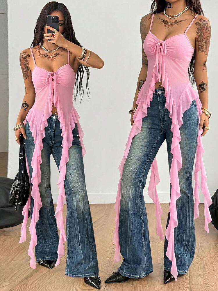 Coolane Women's Summer Festival Music Festival Vacation Cute Streetwear Casual Y2K Mesh Ruffle Ri... | SHEIN