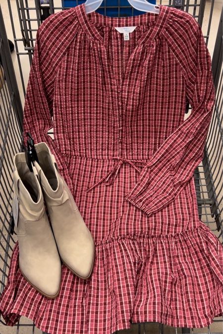 Walmart outfit idea with this cotton micro plaid dress! Perfect for fall events, wear with sneakers for work, family photos! I got my usual size small. Also comes in blue. Western boots are so cute and comfy, fit true to size. I’m a half size and went up  because I like some
wiggle room in the toe area. 

#LTKfindsunder50 #LTKfindsunder100 #LTKswim