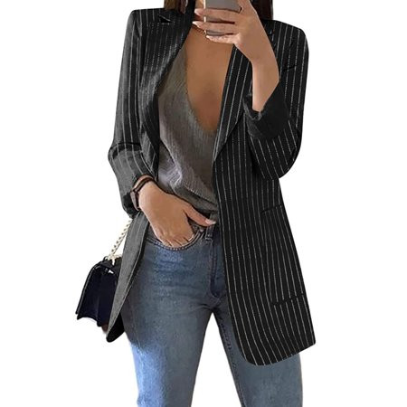 Bomotoo Ladies Mid-Length Business Jackets Suit Lapel Regular Fit Outwear Work Casual Striped Blazer | Walmart (US)