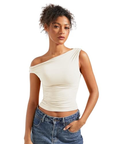 SUUKSESS Women Off Shoulder Tops Sleeveless Shirts Y2K Trendy Going Out Crop Tank Top (Cream White,XS) | Amazon (US)