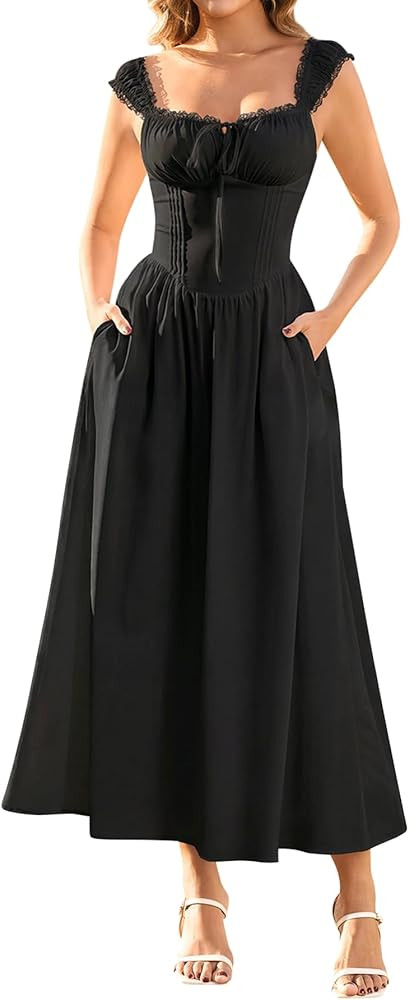 KUTUMAI Lace Corset Midi Dress Tie Flowy Summer Spring Wedding Guest Dresses for Women Sundress w... | Amazon (US)