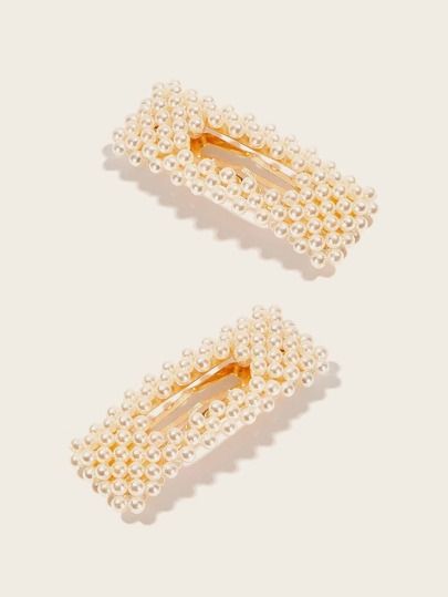 Faux Pearl Decor Square Hair Snap Clip 2pack | ROMWE