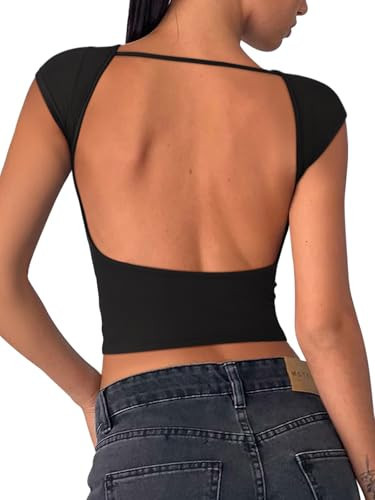 REORIA Women's Summer Sexy Backless Going Out Crop Tops Double Lined Open Back Trendy Y2k Cute Basic T Shirts for Women 2025 Black Small | Amazon (US)