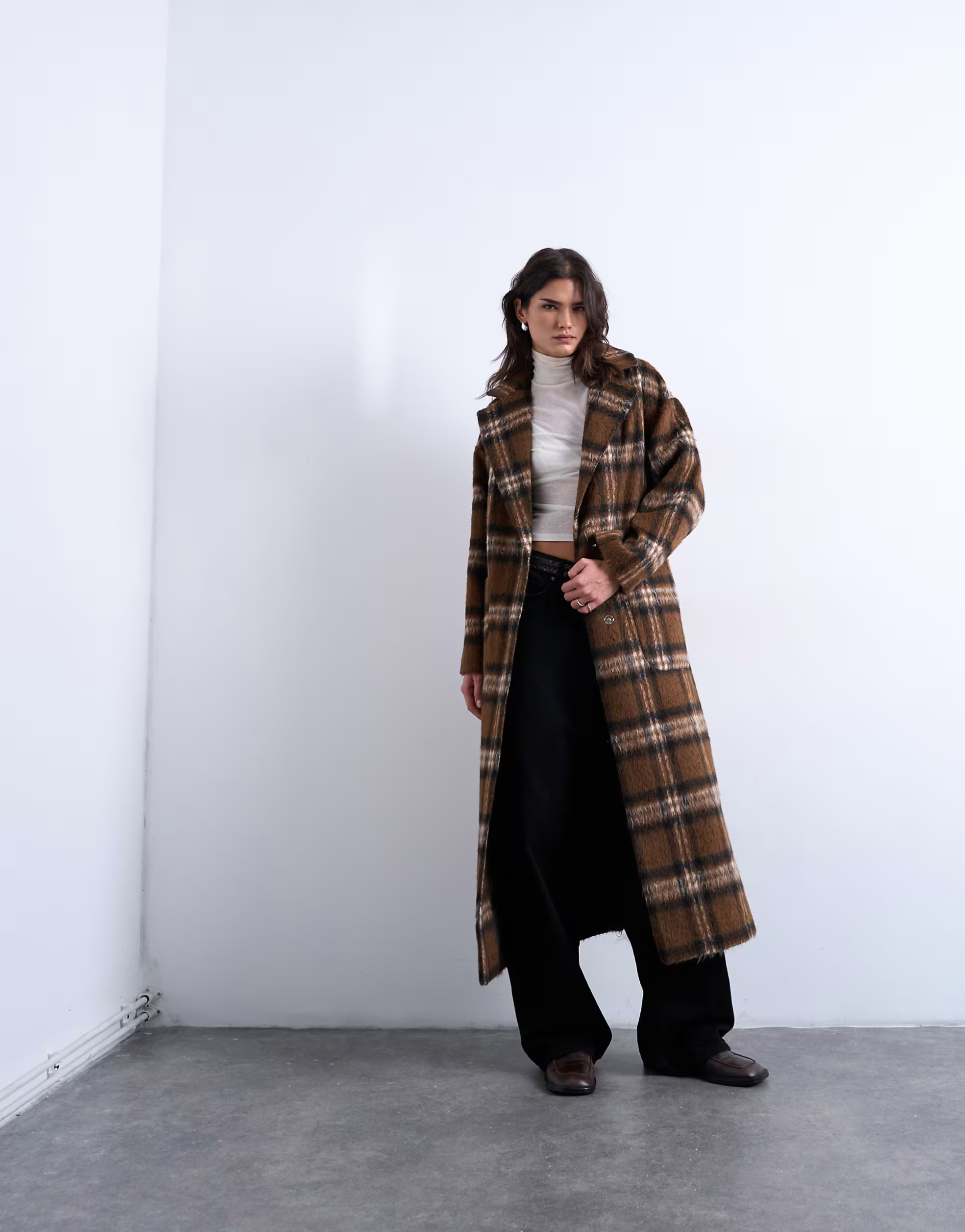 Topshop brushed formal coat in brown plaid | ASOS (Global)
