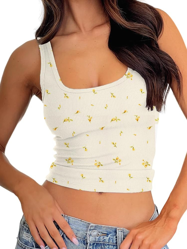 Danysu Women Rib Tank Top Padded Workout Top Square Neck Crop Tank Fitted Basic Cami Tops | Amazon (US)