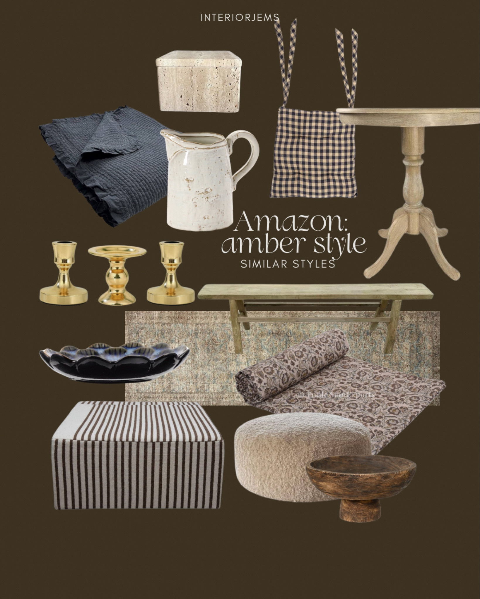 Amber interior style on Amazon, love this ottoman, coffee table, brass, candlestick holders, pedestal, vintage style side table, end table, kitchen, ware, throw blanket, block, print fabric, rug Loloi rug, travertine decorative box

#LTKSaleAlert #LTKHome #LTKStyleTip