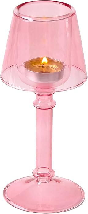 Pink Glass Hurricane Candleholder - Desk Lamp Shaped Glass Hurricane Candle Holder Crystal Decora... | Amazon (US)