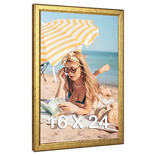 MOUDAMION 16x24 Wood Frame Gold, Ornate Natural 24x16in Picture Poster Frame, Modern Golden 16 x 24inch Gallery Wall Photo Frame with HD Plexiglass, Horizontal Vertical Wall Mounting Display 1pcs | Amazon (US)