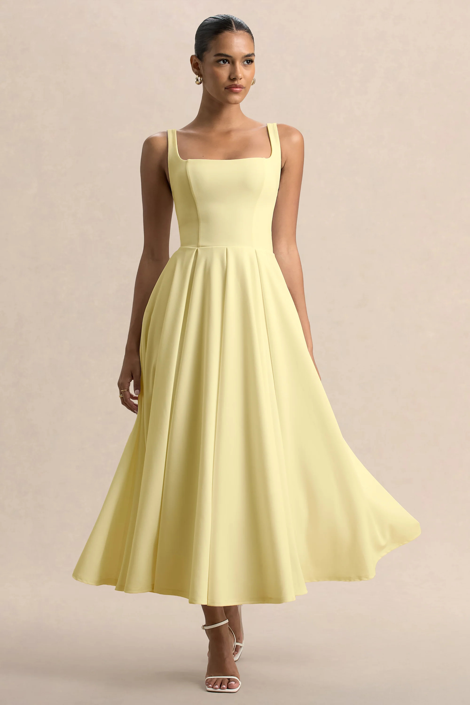Parina | Lemon Strappy Volume-Hem Midi Dress | Club L London