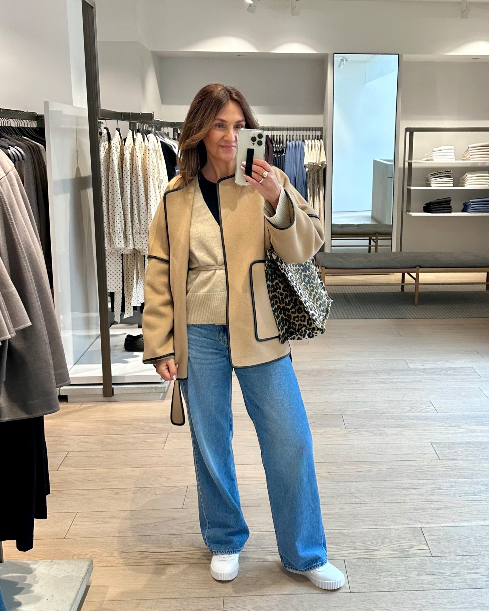 Ootd for a little shopping in Toronto!
Wore the same merino wool tee and cardigan I wore on the plane but changed my pants to jeans.
I’m 5’ 7” wearing my usual size 27 in the jeans (32” inseam) and sized up to M in the tee and cardigan, small in the jacket.
Sneakers are super comfortable and fit tts.


#LTKTall #LTKOver40 #LTKootd