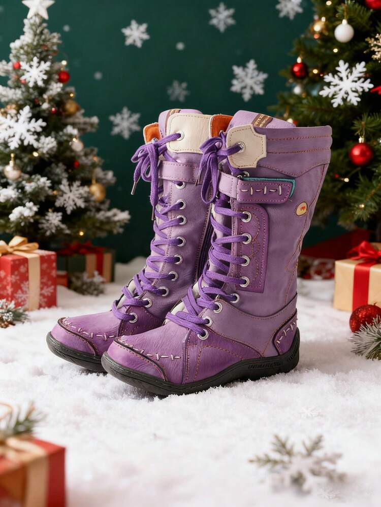 1 Pair TMA EYES Purple Women's Artisan Aged Leather Boots - Mid-Calf Vintage Boots With Side Zipper, Hand-Crafted Stitching & Non-Slip Sole,Boots For Women | SHEIN