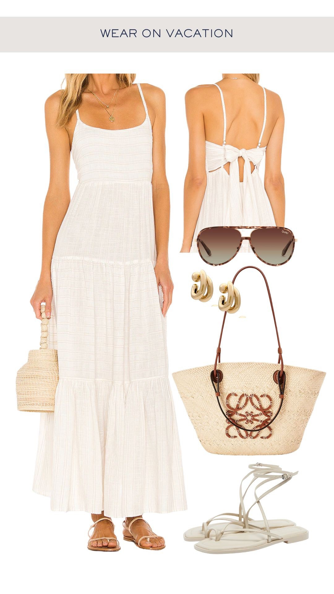 Summer vacation outfit styled with Loewe raffia tote. 

___

#summerdress #vacationdress #styledsummeroutfit #raffiatote #flatsandals #summerstyle #beachvacation 

 