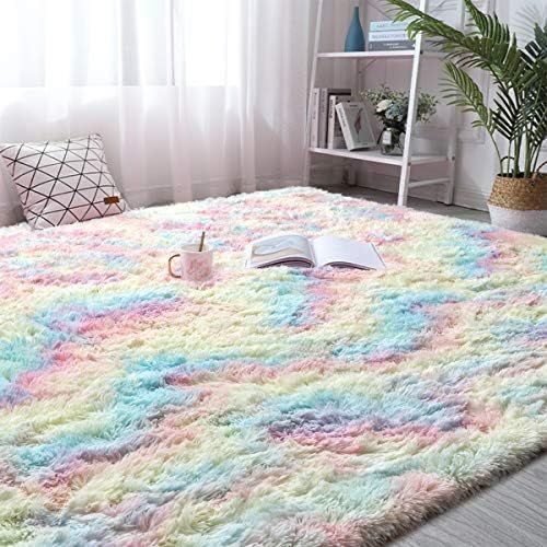 junovo Soft Rainbow Area Rugs for Girls Room, Fluffy Colorful Rugs Cute Floor Carpets Shaggy Playing | Amazon (US)