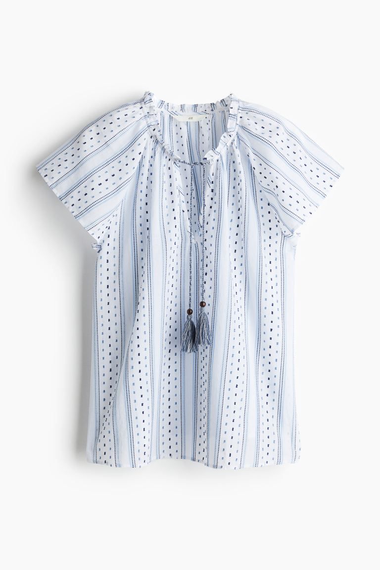 Drawstring-detail Cotton Blouse - V-neck - Short sleeve - White/blue striped - Ladies | H&M US | H&M (US + CA)