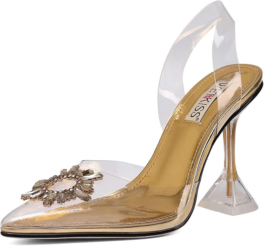wetkiss Women's Clear Heels Shoes, Transparent PVC Crystal Rhinestones Slingback Wedding Shoes Point | Amazon (US)