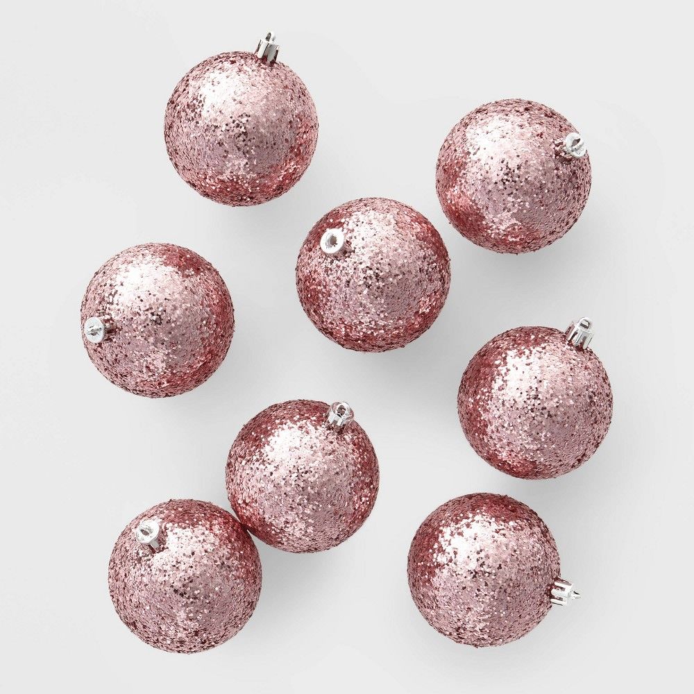 8ct 70mm Chunky Glitter Christmas Ornament Set Blush Pink - Wondershop | Target