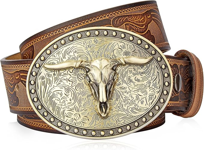 BISON DENIM Mens Western Cowboy Belt - Longhorn Cow Pattern Buckle with Printed Engraved Buckle S... | Amazon (US)