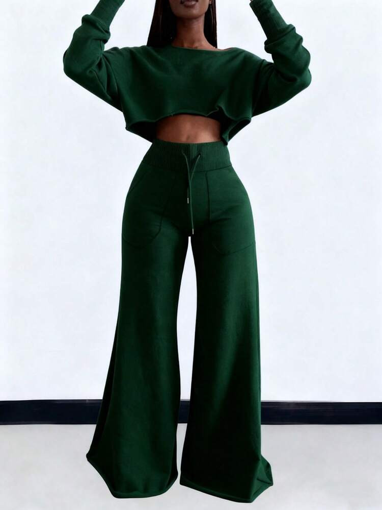 INAWLY Women's Solid Color Long Sleeve Cropped Sweatshirt And Elastic Waist Loose Straight Leg Sweatpants 2 Pieces Set | SHEIN