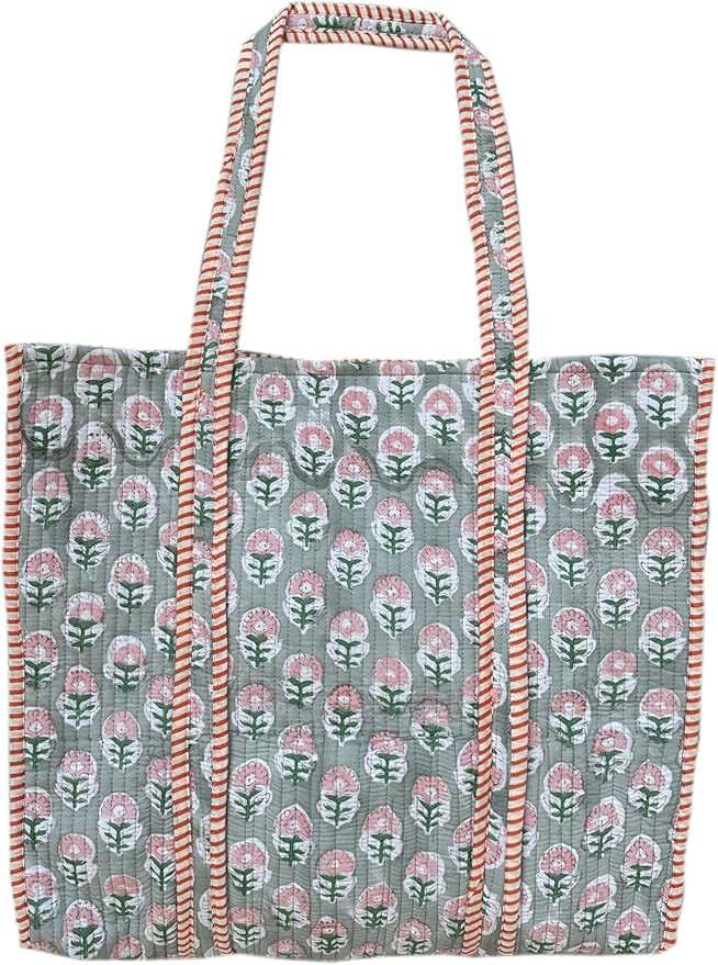 Quilted Cotton Hand printed Reversible Large multicolor cotton Tote Bag,Indian Handmade Block Pri... | Amazon (US)