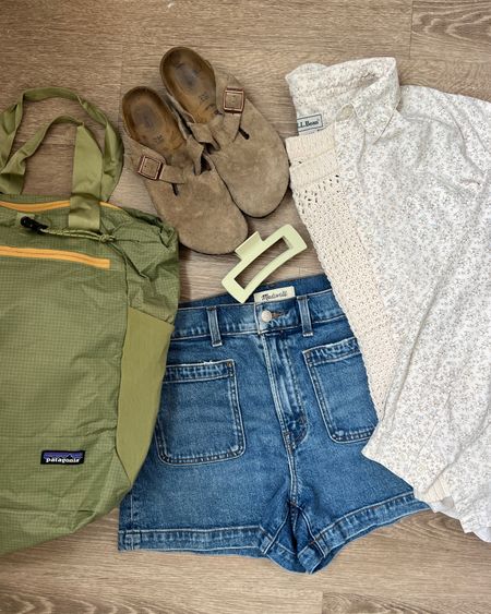 Salted granola girl outfit ready for a beach day 🐚 Birkenstock clogs, Madewell denim shorts, Patagonia bag, & LL bean button down shirt 🌸 

#LTKtravel #LTKstyletip #LTKSeasonal