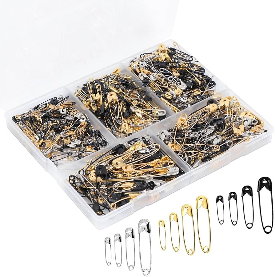 600 Pcs Safety Pins Assorted, 4 Sizes Large and Small Safety Pins for Clothes,Black Gold Silver S... | Amazon (US)