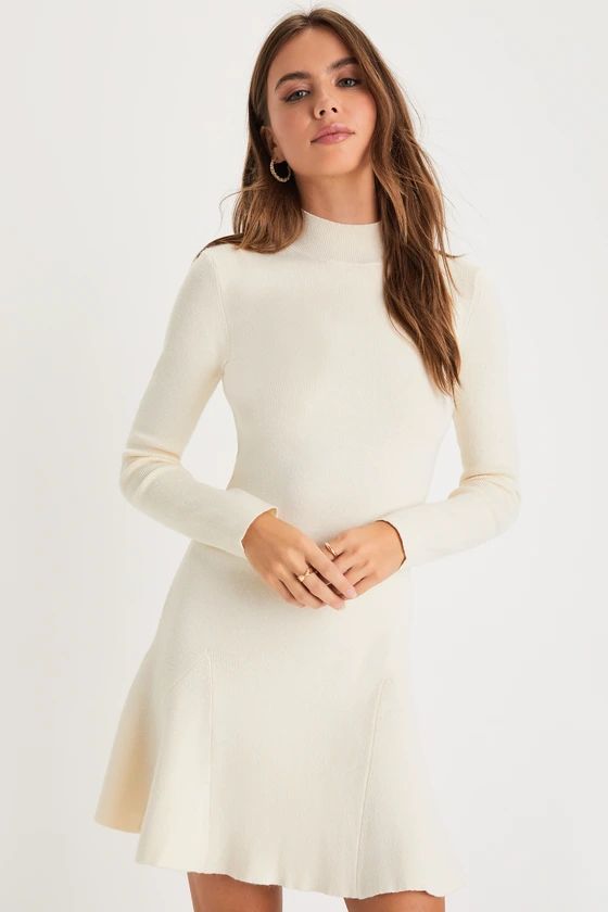 Adorable Intentions Ivory Mock Neck A-Line Mini Sweater Dress | Lulus (US)