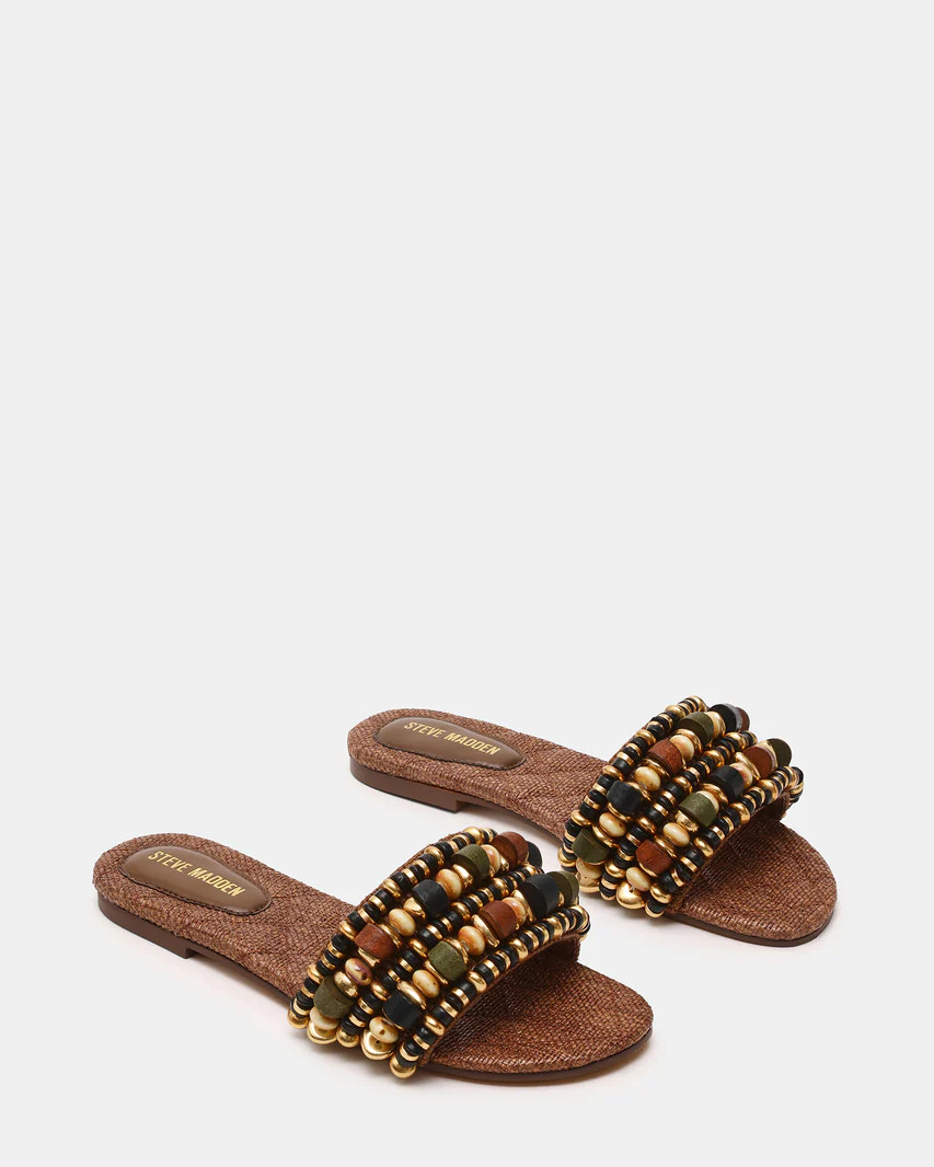 MARIKA Beads Brown Raffia Round-Toe Slide Women's Sandal | Steve Madden (US)