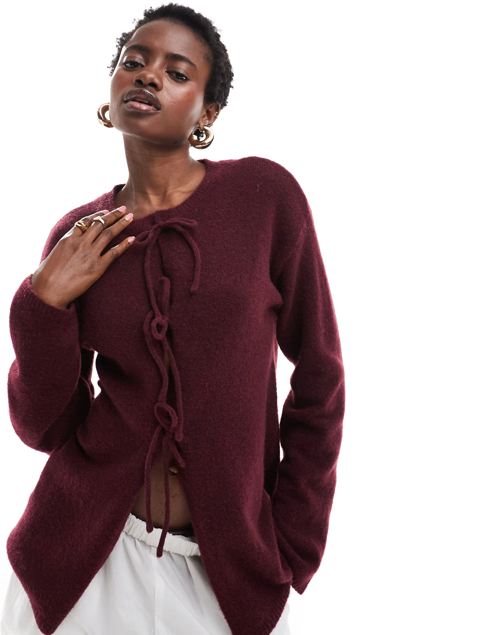 Monki knit bow tie up cardigan in burgundy | ASOS (Global)