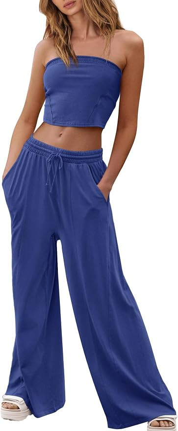 Yanekop Womens 2 Piece Lounge Set Tube Top and Pants Set Travel Sexy Two Piece Outfits Summer Bea... | Amazon (US)
