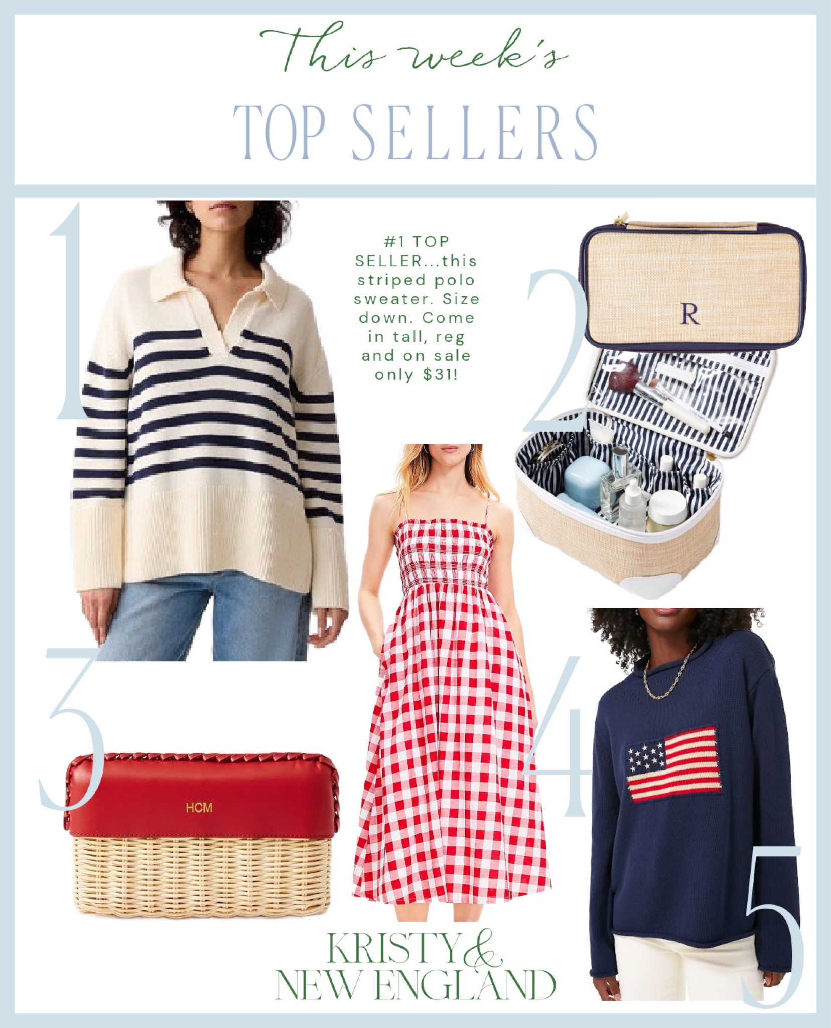Top Sellers of the Week #1 Striped Polo Sweater (size down & on sale) #2 Raffia Cosmetic Cases #3 Wicker Clutch (more colors & on sale) #4 Picnic Plaid Maxi Dress #5 Navy Flag Sweaterr

#LTKItBag #LTKSaleAlert #LTKOver40