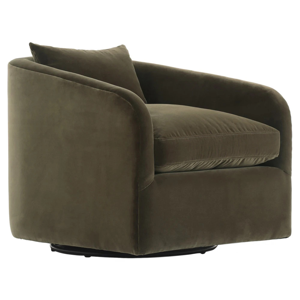 Perrin Modern Classic Surrey Olive Velvet Swivel Barrel Chair | Kathy Kuo Home