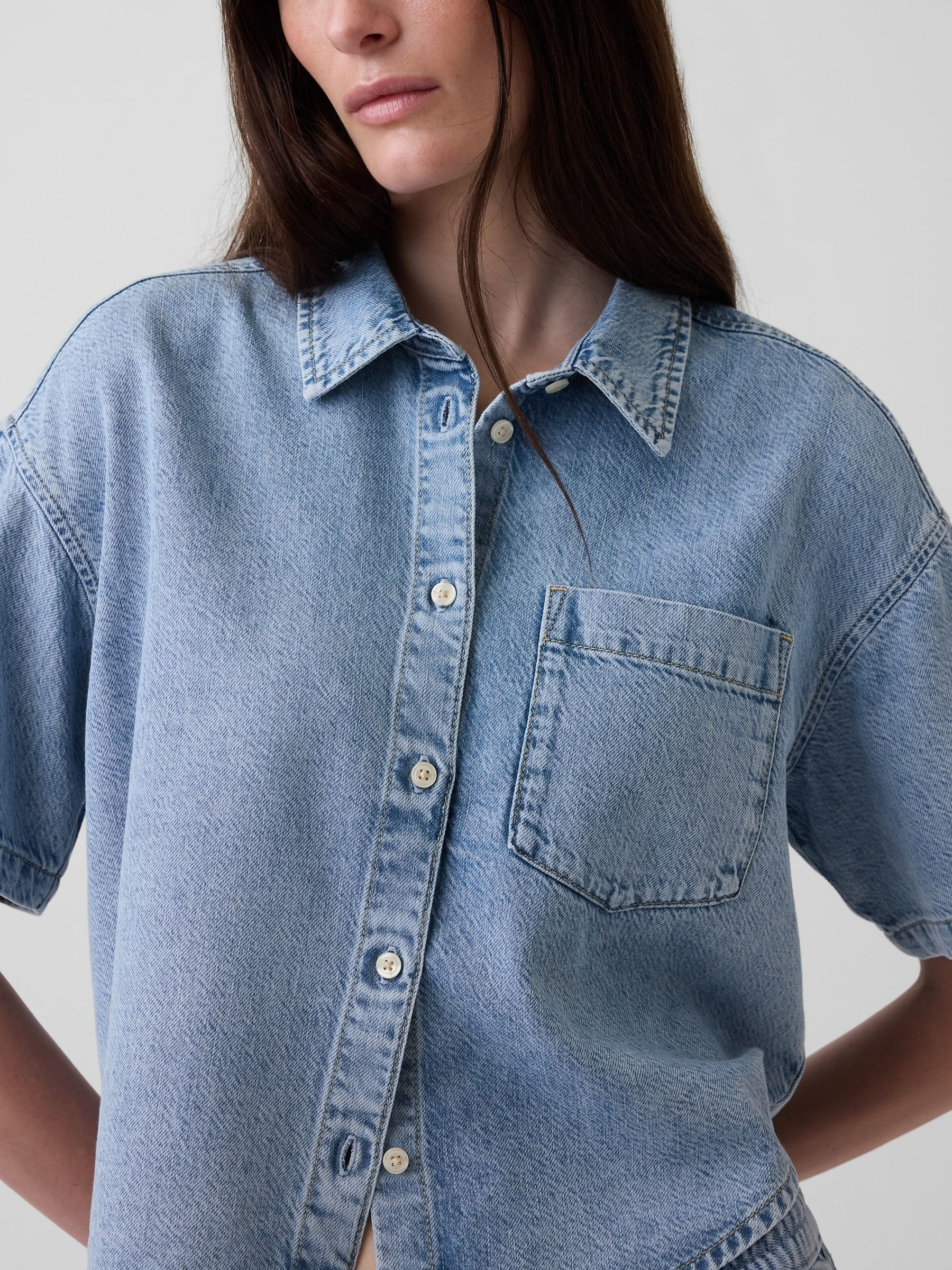 Light Wash UltraSoft Denim Oversized Short Sleeve Shirt | Gap | GAP UK