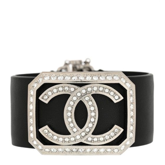 Calfskin Crystal CC Cuff Bracelet M Black | FASHIONPHILE (US)