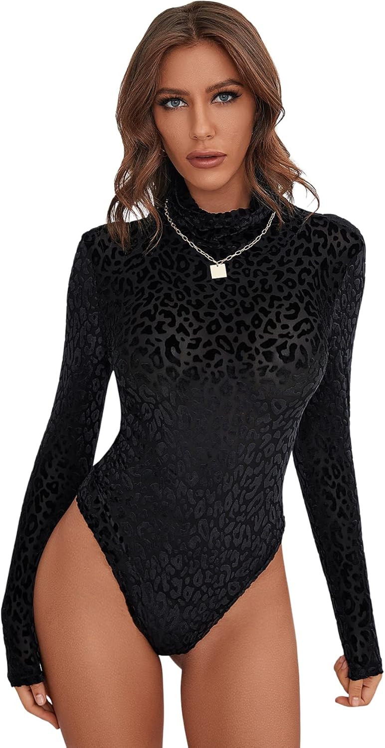 Floerns Women's Leopard Print Long Sleeve Mock Neck Velvet Bodysuit Tops | Amazon (US)