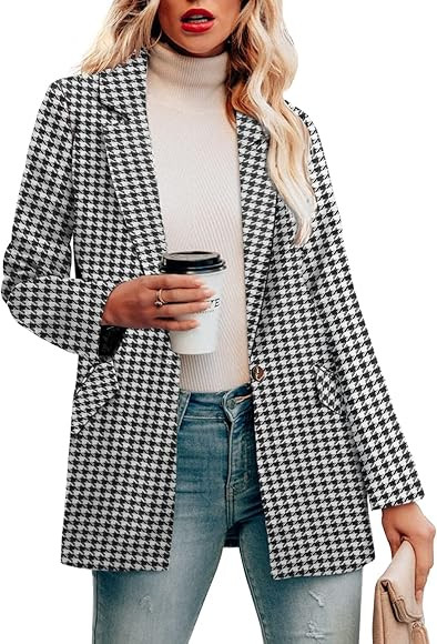 CRAZY GRID Womens Long Sleeve Blazer Jacket Open Front Work Office Blazer Button Jacket | Amazon (US)